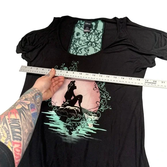 Disney Shirt Women Small Black Ariel Little Mermaid Sheer Lace Back Panel - Picture 8 of 9